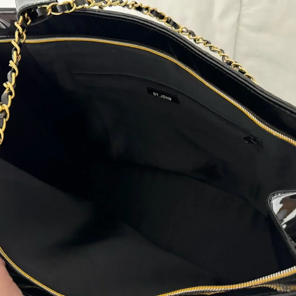 St. John Tote Bag Large Black Patent Leather Embossed Gold Chain Straps - Picture 5 of 11
